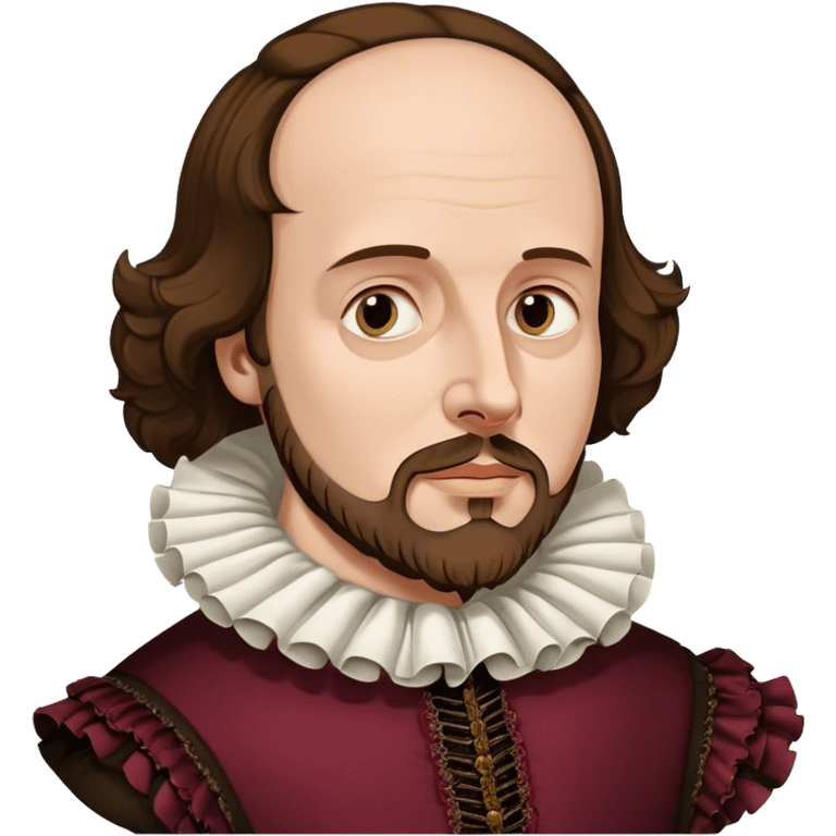 Cinematic Realistic portrait of William Shakespeare, depicted as an iconic playwright in richly detailed Elizabethan attire with a ruffled collar, expressive eyes, and a thoughtful gaze, bathed in dramatic historical lighting that evokes the Bard’s timeless legacy emoji