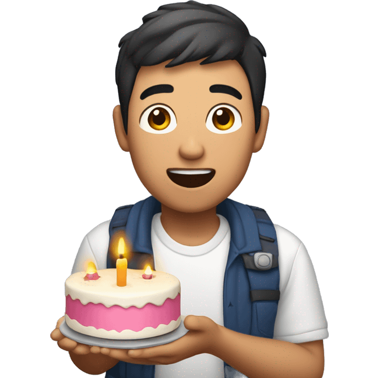 Asian guy scared while holding a cake with candles in his right hand and a lotion bottle in his left hand emoji