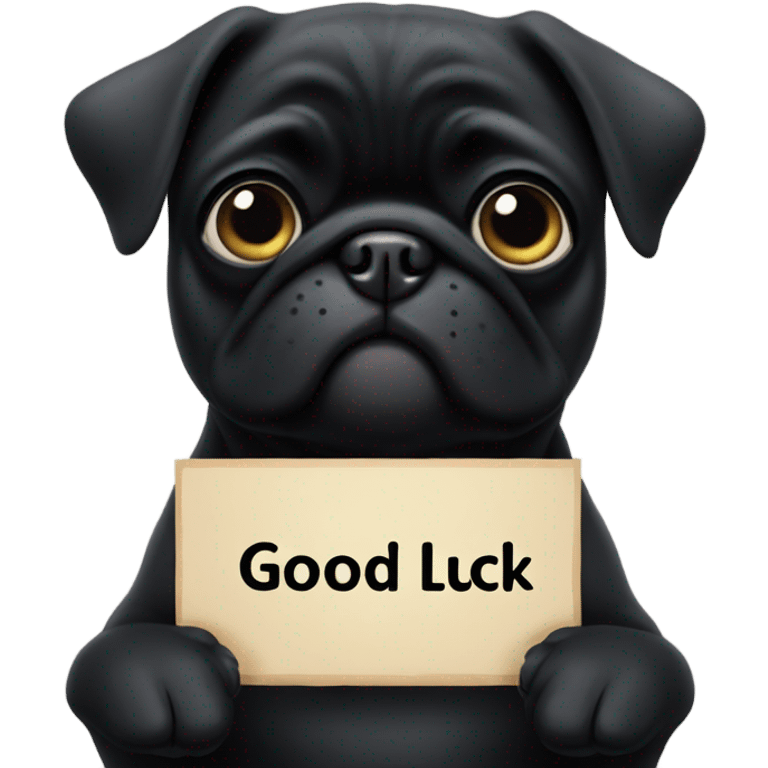 Black pug holding a sign that says good luck  emoji