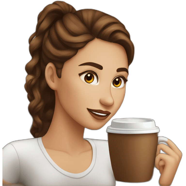 white pretty girl with brown hair creates websites in a coffee shop emoji