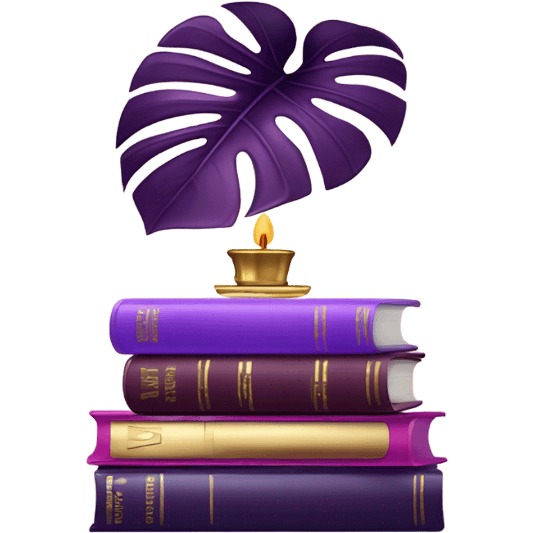 An elegant still life featuring a stack of light and dark violet books, a pink monstera plant, and a brass candle holder. emoji