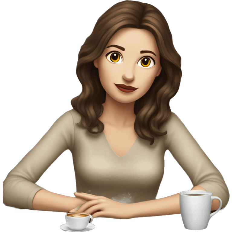 Side view realistic posh brown haired pale woman sits at the coffee table emoji