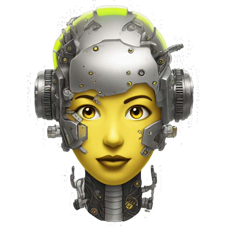 Caucasian female cyborg head with Neon yellow bobbed hair, silver steampunk goggles and circuits emoji