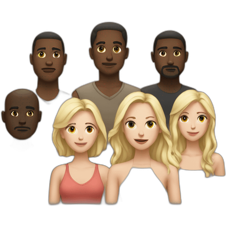 six dark-skinned men stand behind one pale blonde woman emoji