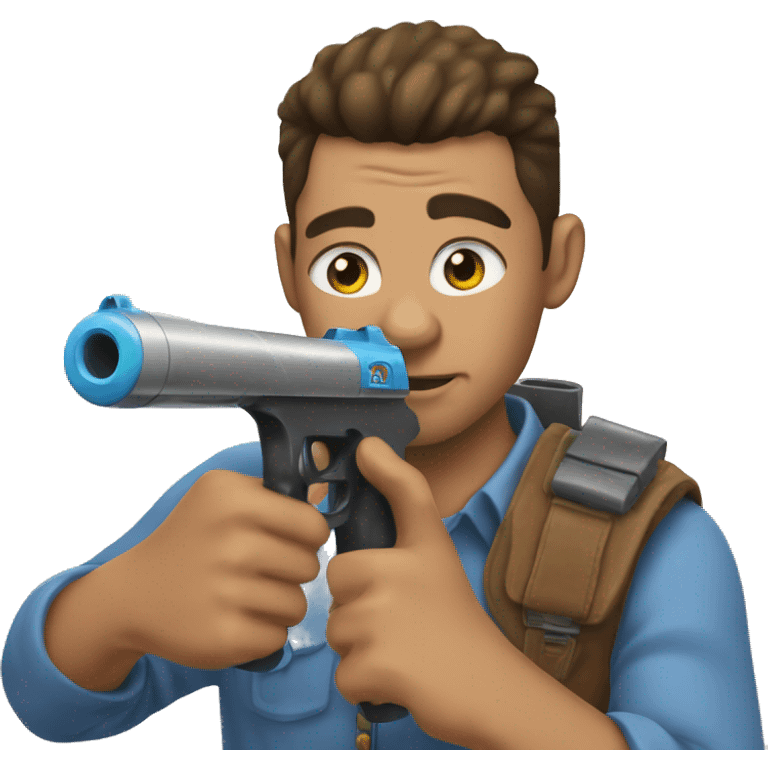 Man pointing water gun at user while having puppy eyes emoji