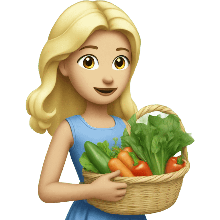 Girl with blonde hair and blue eyes wearing a sleeveless sundress and carrying two baskets of vegetables and greens emoji