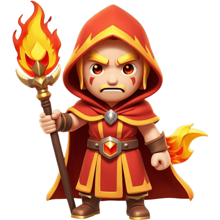 Clash of Clans aesthetic: Cinematic Ferocious Fire Mage Hero closeup Emoji, rendered in a 3D vector-style similar to standard emojis with minimal shading and bold, simplified shapes. A compact, isometric figure draped in flowing, charred and ember-lined robes, wielding a fiery staff crackling with intense flames. Eyes burning with an infernal glow, exuding raw, untamed power. Simplified yet unmistakably iconic, highly detailed and consistent, glowing with a fiery, molten radiance and high shine. Stylized with a touch of menacing sorcery and a searing, ember-infused outline, capturing the essence of a wrathful mage ready to unleash devastating fire magic! emoji