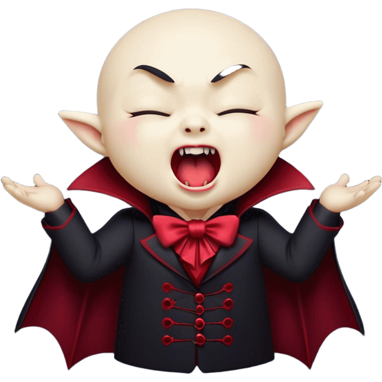 Cinematic Cute Yawning Vampire Portrait Emoji, with a small, rounded, charming pale face accented with tiny playful fangs and droopy, half-closed eyes, head tilted in an adorable wide yawn, dressed in miniature elegant dark attire with a hint of crimson, simplified yet irresistibly endearing, highly detailed with a soft, mysterious glow and gentle outline that captures the cute, drowsy side of an immortal! emoji