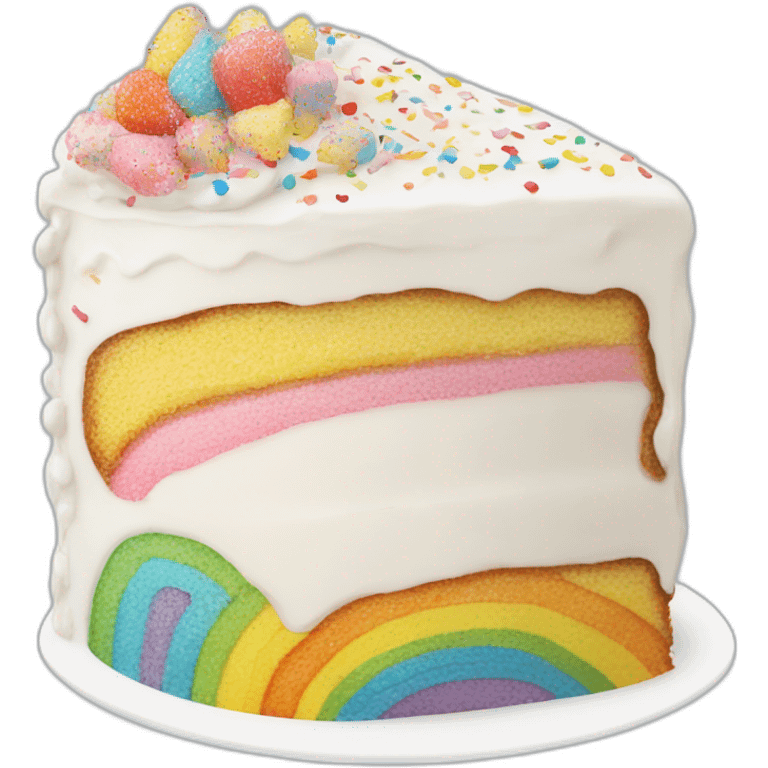 A slice of a white birthday cake with rainbows sprinkles  emoji