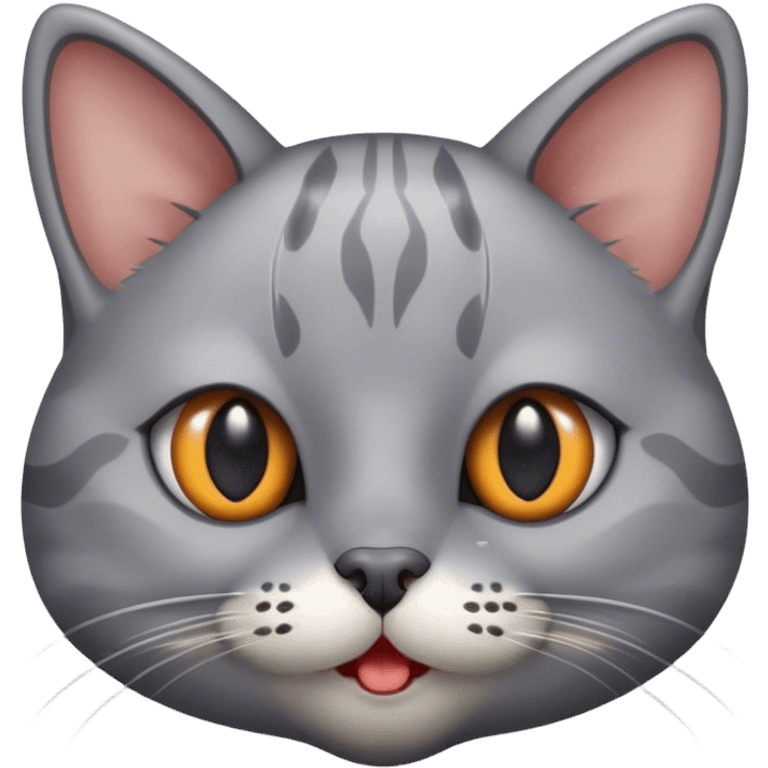 grey cat with a grey mole on right side or her mouth, in the middle of her face there is a right rocket shape pattern emoji