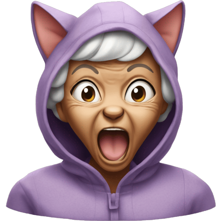 A screaming cat wearing grandma outfit emoji