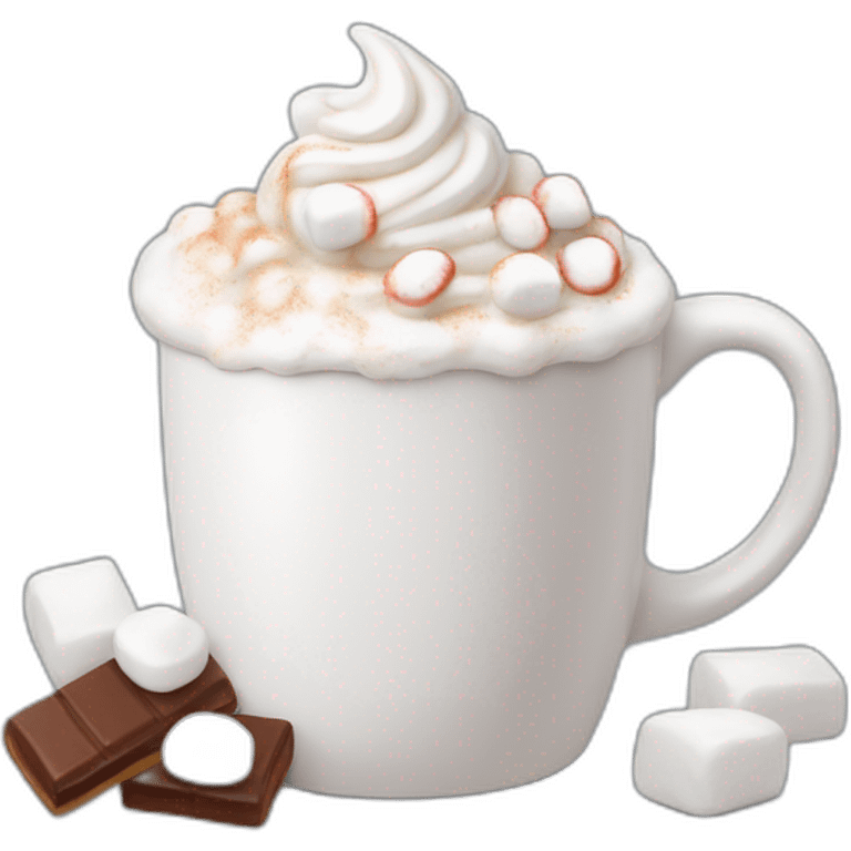 white mug of hot chocolate with mini marshmallows and whipped cream emoji