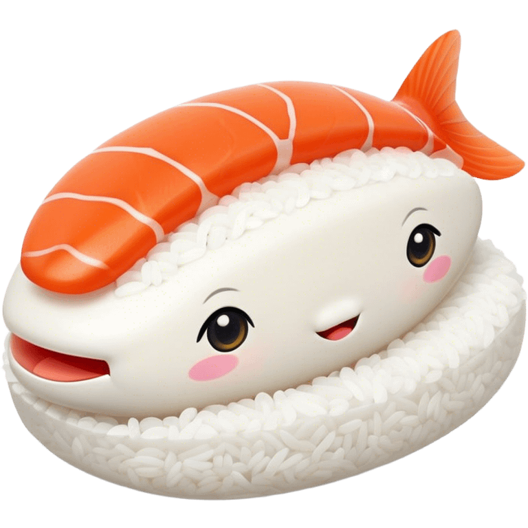 Cute Kawaii Nigiri Sushi, plump and happy, a soft white rice pillow topped with bright orange salmon, tiny blushing cheeks, big round eyes, a joyful floating expression! emoji