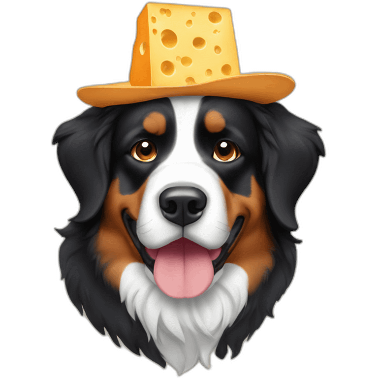 A Bernese mountain dog wearing a cheese head hat emoji