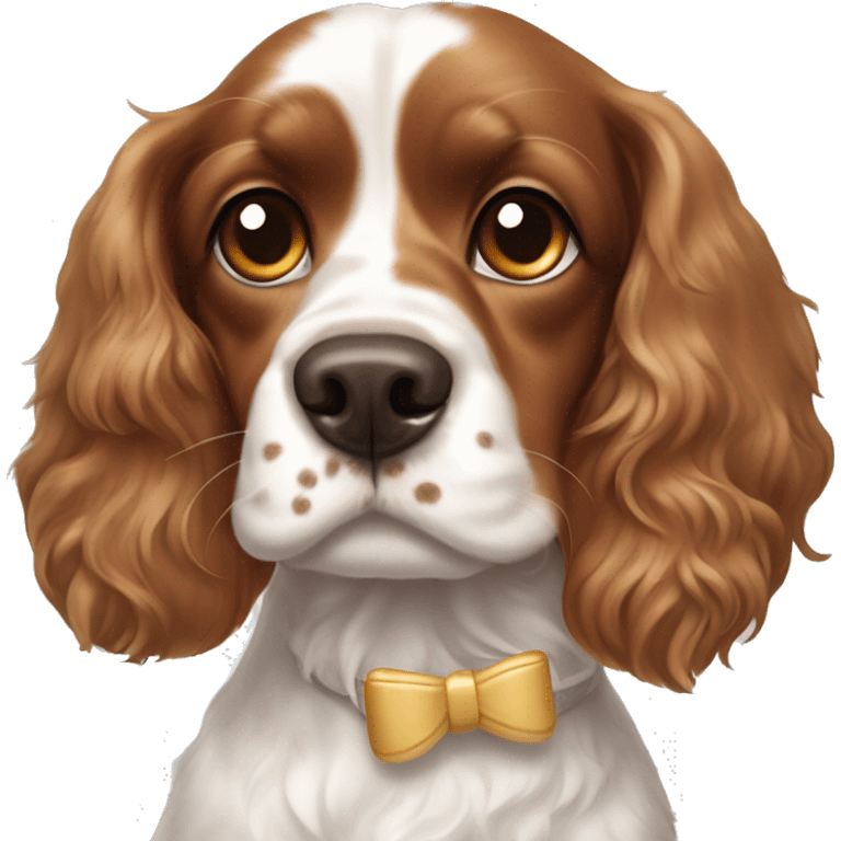 cocker spaniel king charles mix dog with brown freckles on her nose and a white bow in her hair emoji