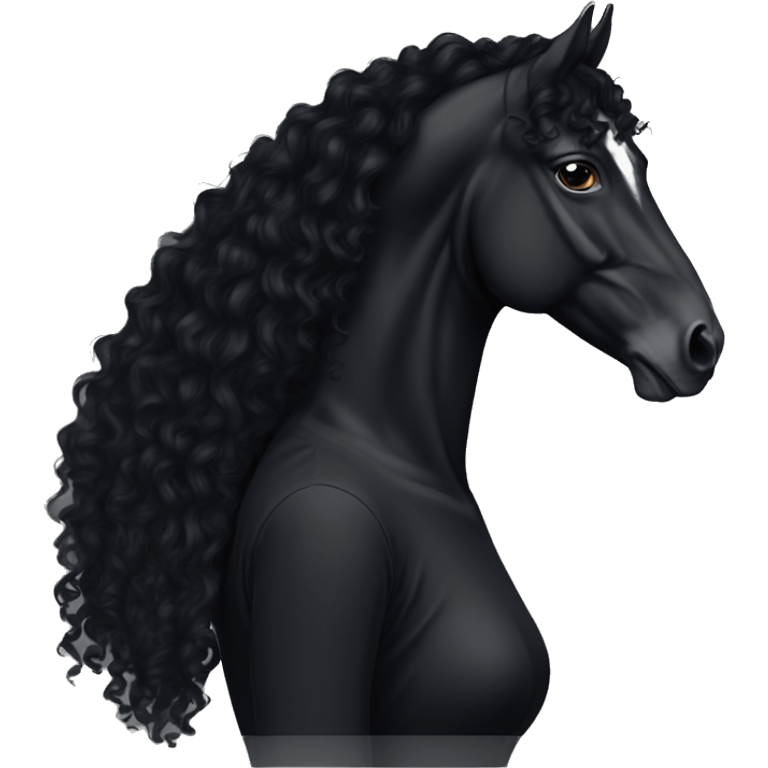 White girl, black shirt, long black curly hair, with  black arabian horse emoji