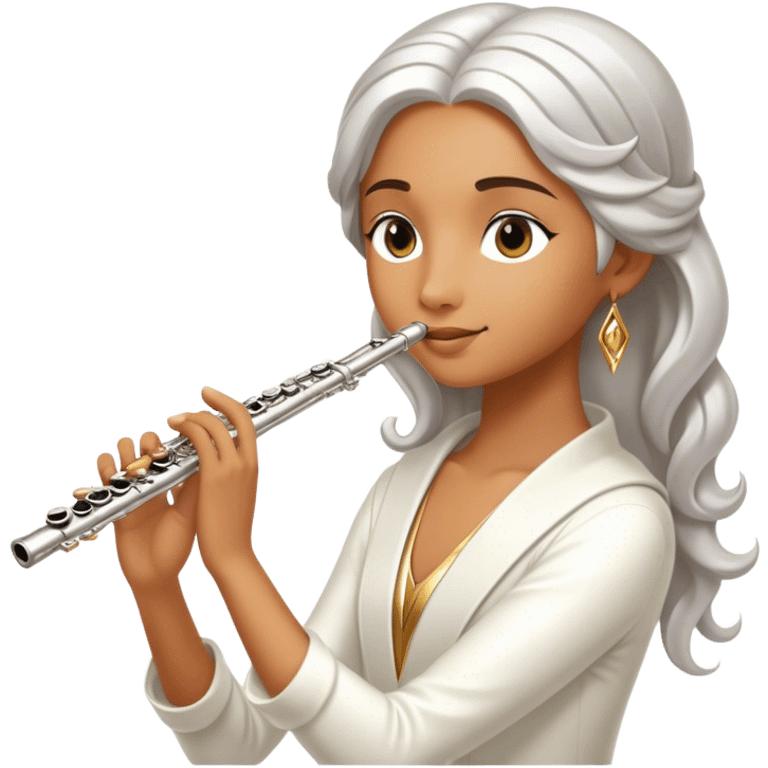 Cinematic Realistic Flute, polished silver metal with precise keywork, warm golden reflections dancing along its surface, soft hands carefully positioned over the keys, glowing with an elegant and airy charm. emoji