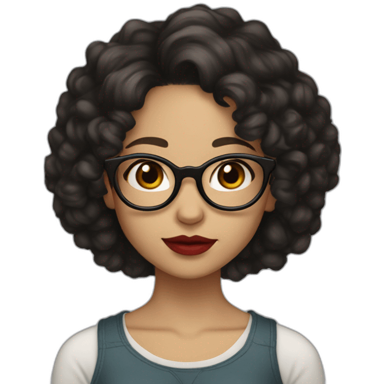 Girl with curly black hair, round thin glasses, brown eyes and red lips, very light skin tone emoji