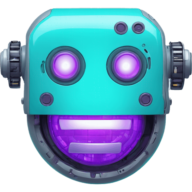 Smily face robotic scanning device, cyberpunk, cyan and purple colors, friendly, futuristic, binary code emoji