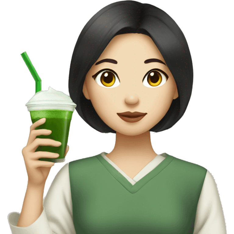 Asian girl with light skin dark hair drinking matcha  emoji