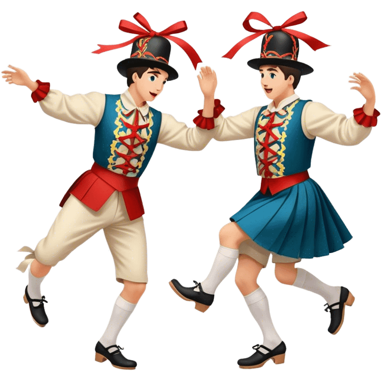 Cinematic Realistic scene of two performers executing a Morris Dance in full traditional costume—with bells, ribbons, and clogs—captured in dynamic motion against a rustic English backdrop and warm, golden lighting emoji