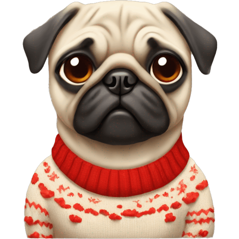 Pug dog wearing a sweater with red mushrooms emoji