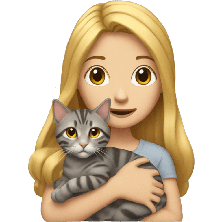 A golden hair girl holding a gray tabby cat  emoji