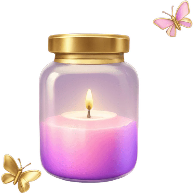 A glowing pastel pink candle in a glass jar with gold accents, next to a violet butterfly. emoji