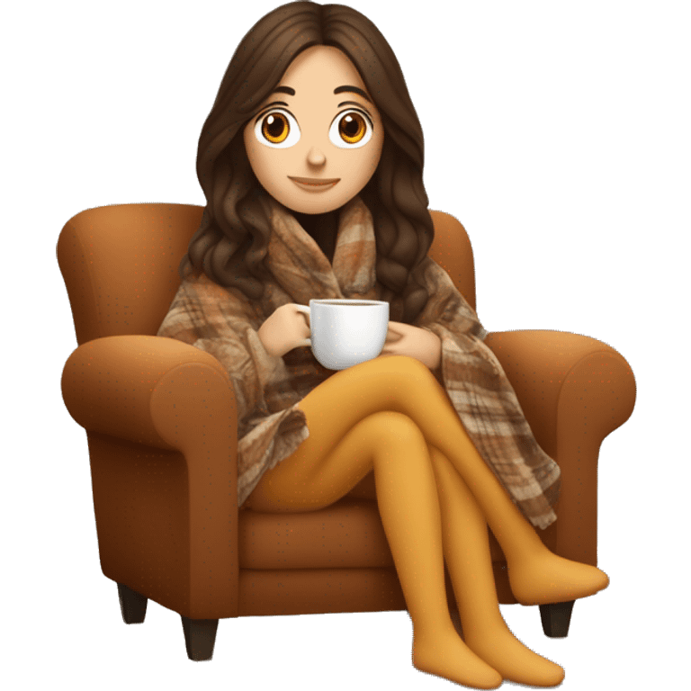 Brunette white girl covered in blanket autumn vibe sitting on a cozy chair holding coffee emoji