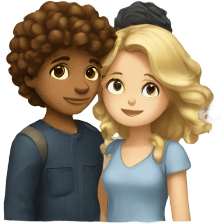 Boy with brown curly hair and brown eyes kissing blond girl with blue eyes  emoji