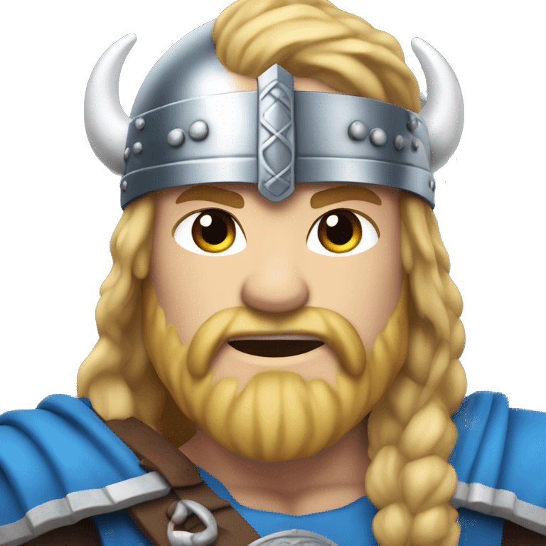 Viking, blue clothes, light blonde hair, silver helmet, blue eyes, muscular emoji