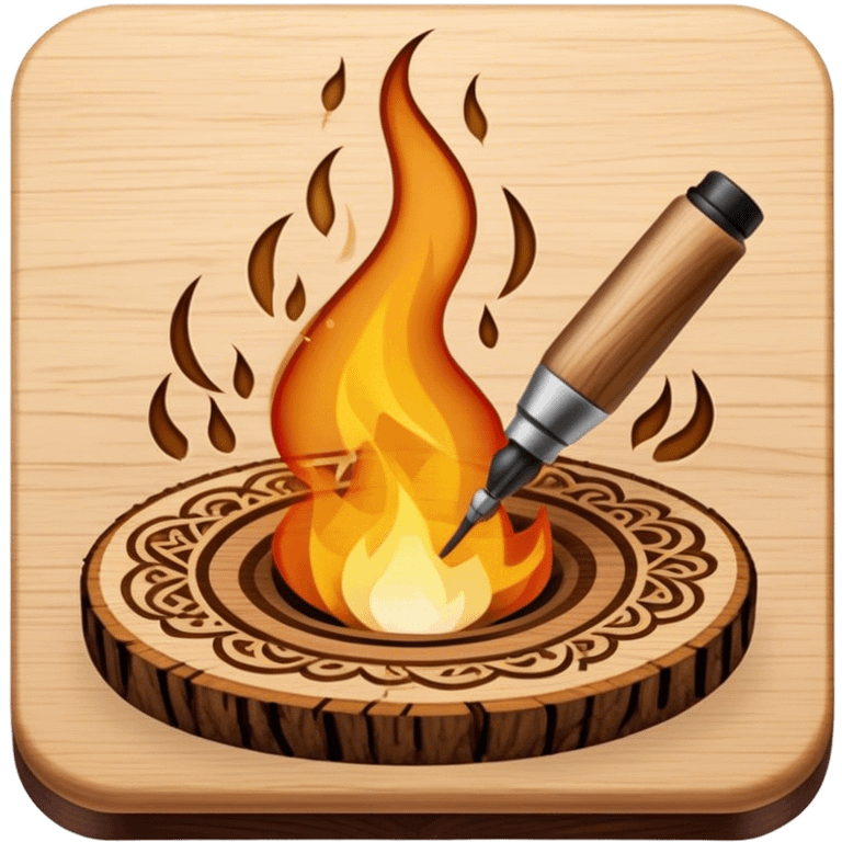 Pyrography icon, wooden surface with detailed burn marks, intricate patterns being burned into wood with pyrography tool, minimalistic style, clean lines, transparent background. emoji