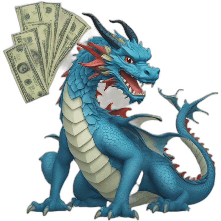 ukiyoe cute blue dragon with cash emoji