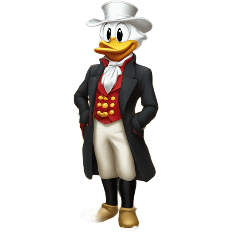 a slim successful looking scrooge mcduck standing atop a pile of money emoji