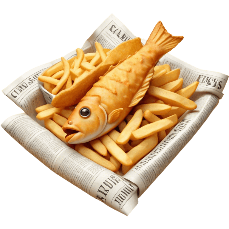 Cinematic Realistic Fish and Chips Dish Emoji, depicted with crispy golden battered fish and chunky hand‚Äêcut chips served in traditional newspaper wrapping, rendered with mouth‚Äêwatering texture and warm natural lighting that captures its quintessential British charm. emoji