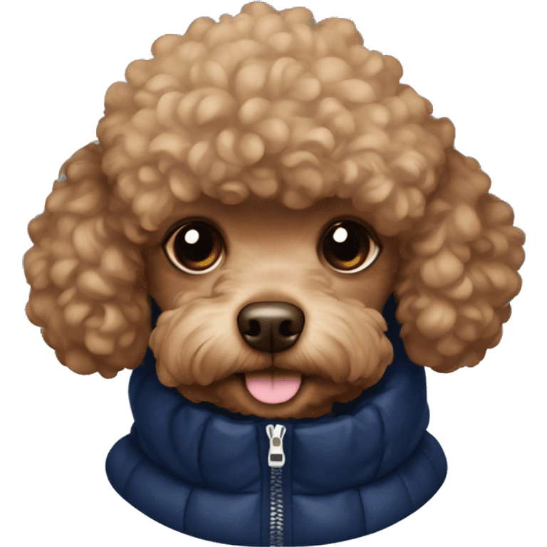 Brown toy poodle wearing a navy blue puffer jacket  emoji