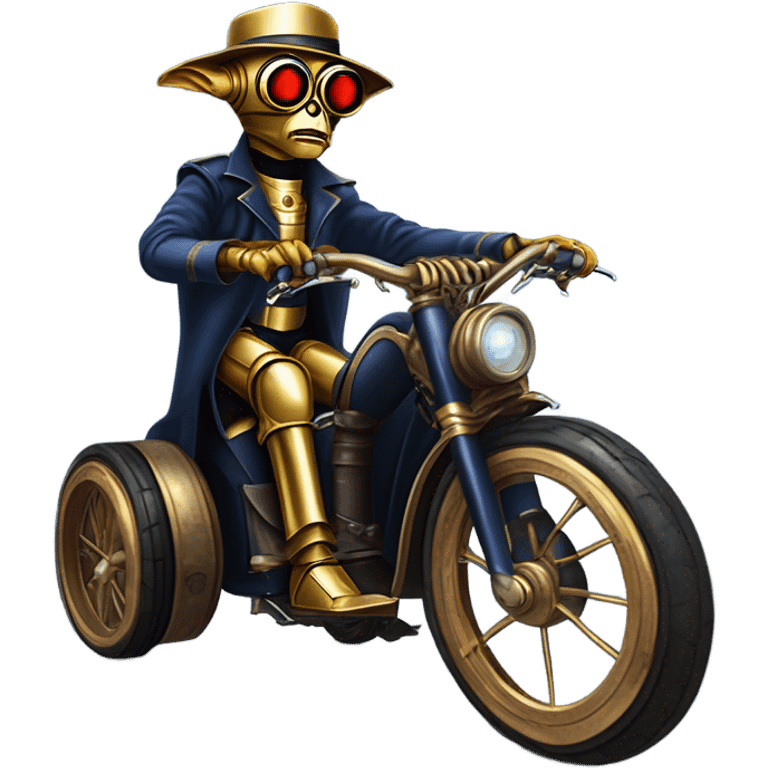 Old west Bounty hunter C-3PO Jedi wearing a pair of navy-blue rimmed steampunk goggles, hat, leather chaps, fringe jacket riding a relaxed 3 wheeler trike steampunk rat rod motorcycle in desert town  emoji