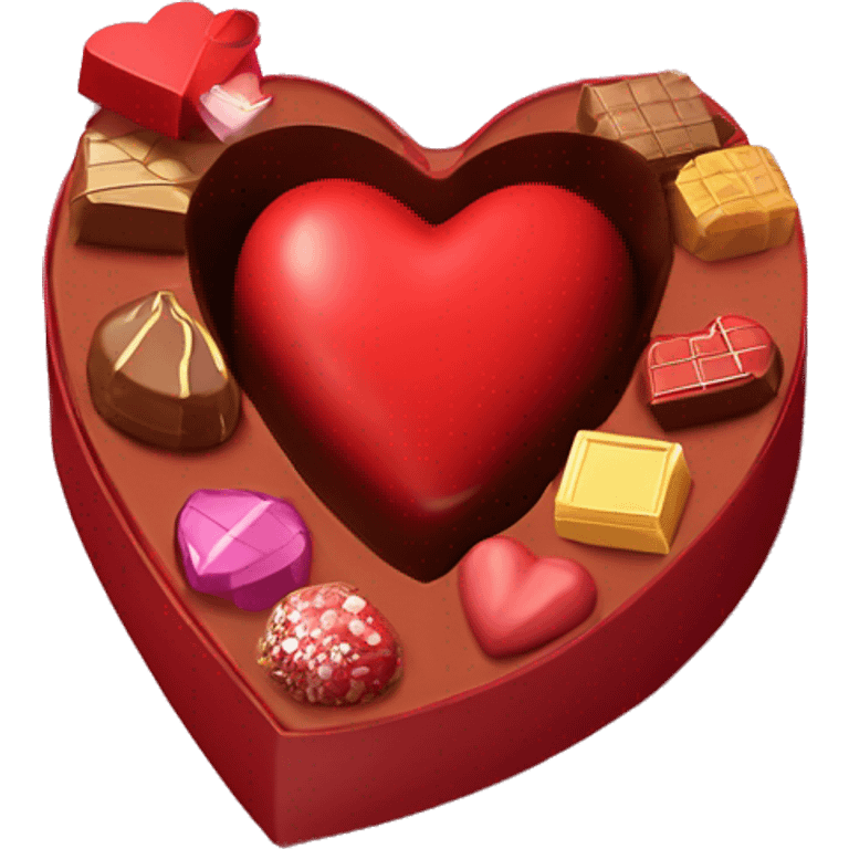 A heart shaped red chocolate box partialy closed to reveal some chocolates inside emoji