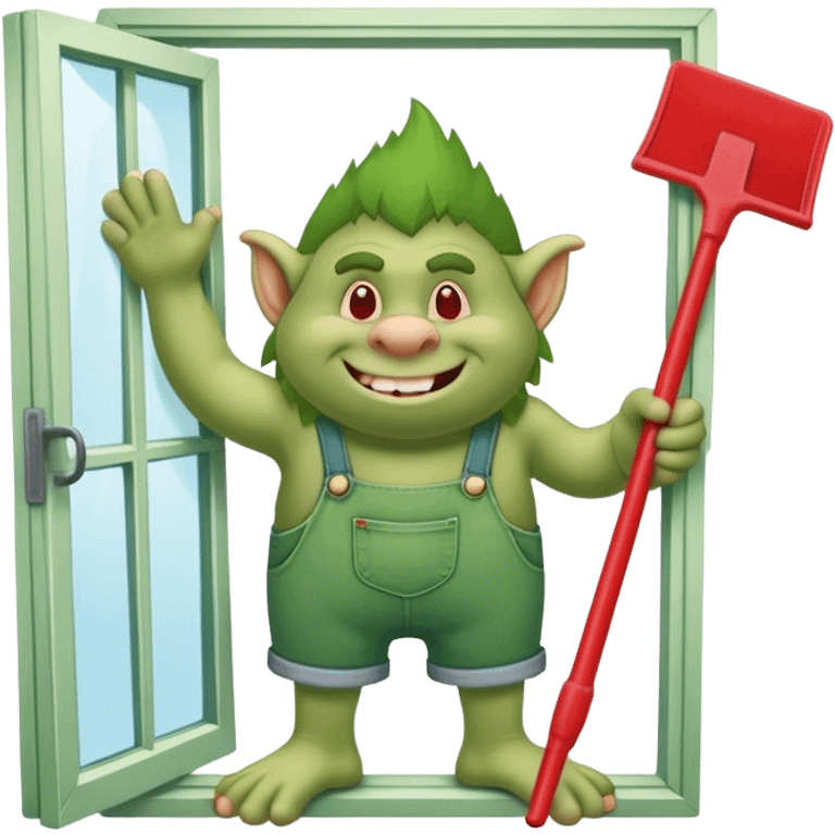 Troll wearing jorts cleaning a window using red squeegee emoji