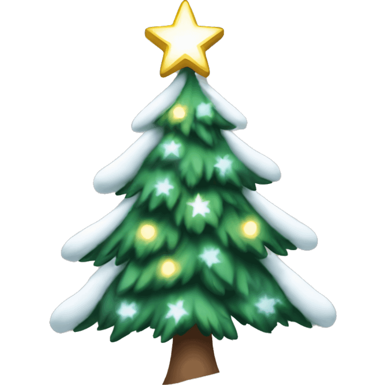 Christmas tree with white lights, a silver star on top, and snow on the branches emoji