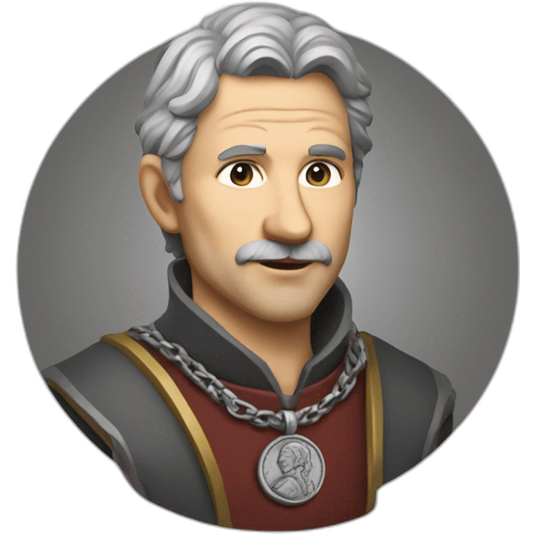 medieval coin engravers guild leader, 50 years old, grey hair, bust, has a necklace with a coin, has a coin in one hand emoji