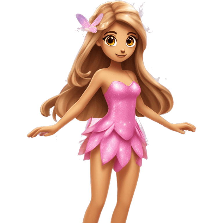 Flora the adult latina fairy of nature in her enchantix fairy pink clothing and fairy enchantix wings and long light brown hair from winx club. Small eyes, Lots of sparkles and fairydust. Full body and full fairy bliss emoji