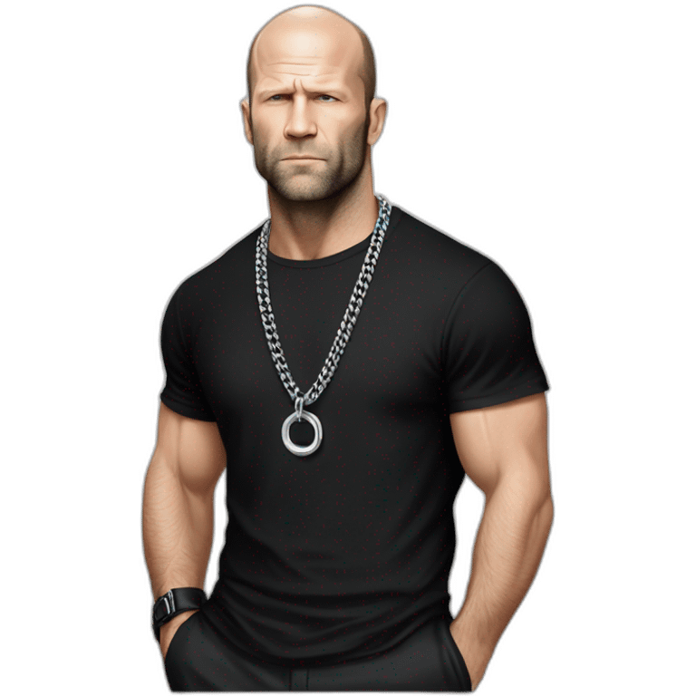 Jason Statham wearing men silver chain on a black tshirt,styled,cool emoji