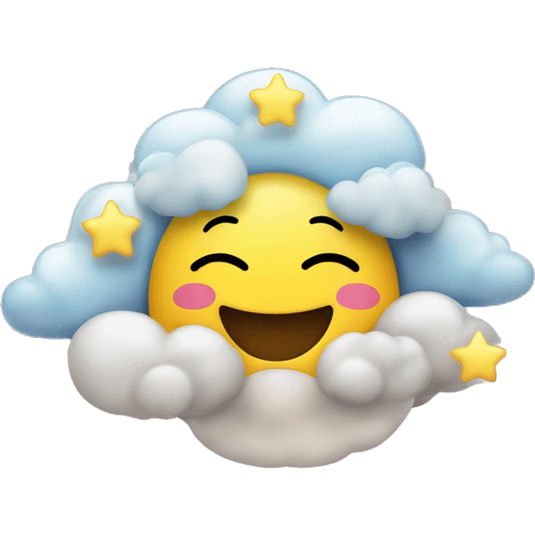 A round emoji of a yellow smiling happy daydreaming emoji face with closed eyes. Add a unicorn, some clouds, some stars and a rainbow to make it dreamy. Make the background transparent. emoji