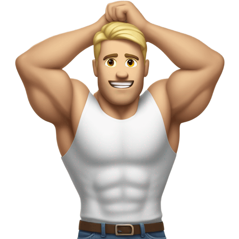 white muscle man showind hand behind head emoji