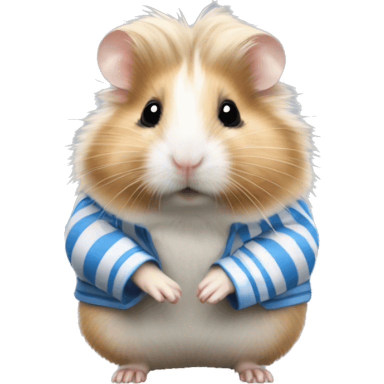 Blonde long haired Syrian hamster with a white and blue striped dirty shirt emoji