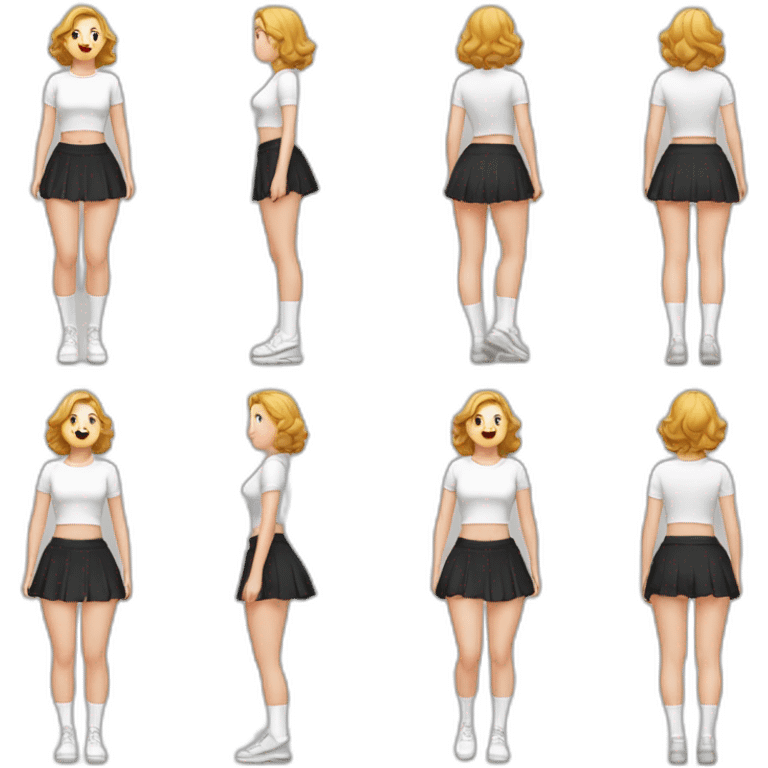 alistic-full-body-caucasian-curvy-beauty-jumping-short-black-skirt-back-and-front-views-strong-wind-white knickers-long-white-socks emoji