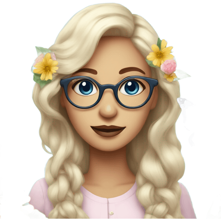 Gorgeous pastel lady with flowers and butterflies with blue eyes and glasses  emoji