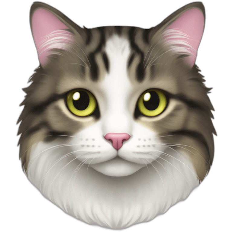 cat Tabby (Mainly black and dark brown) fluffy cat pink-nose light-green&yellow-eyes,-white-long-whiskers,-white-spots-near-the-nose,sharp chin.,long ears,sharp of the eyes emoji