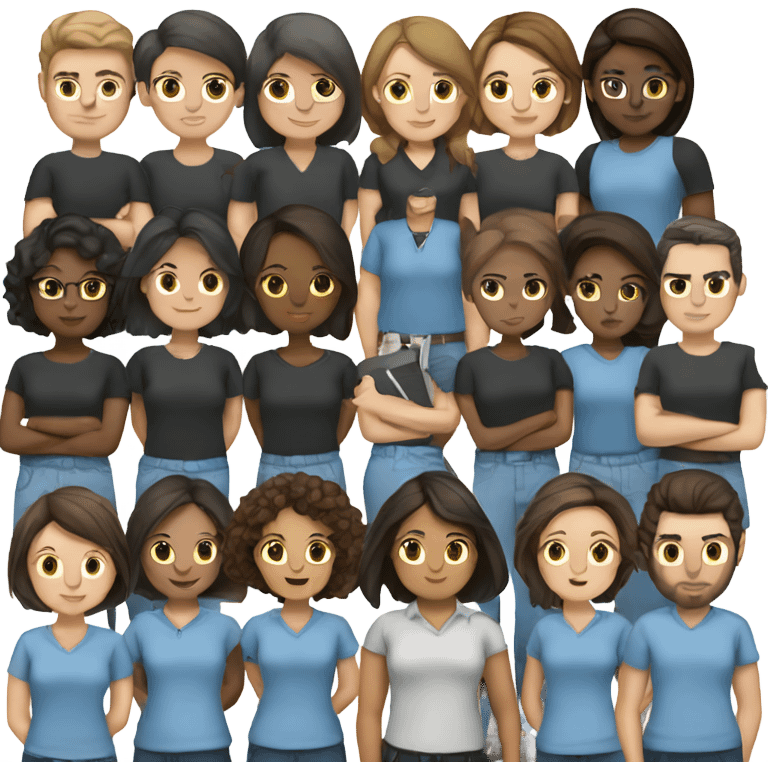 female teachers around 32, black shirts, blue trousers, silver glass, dark brown shoulder length hair emoji